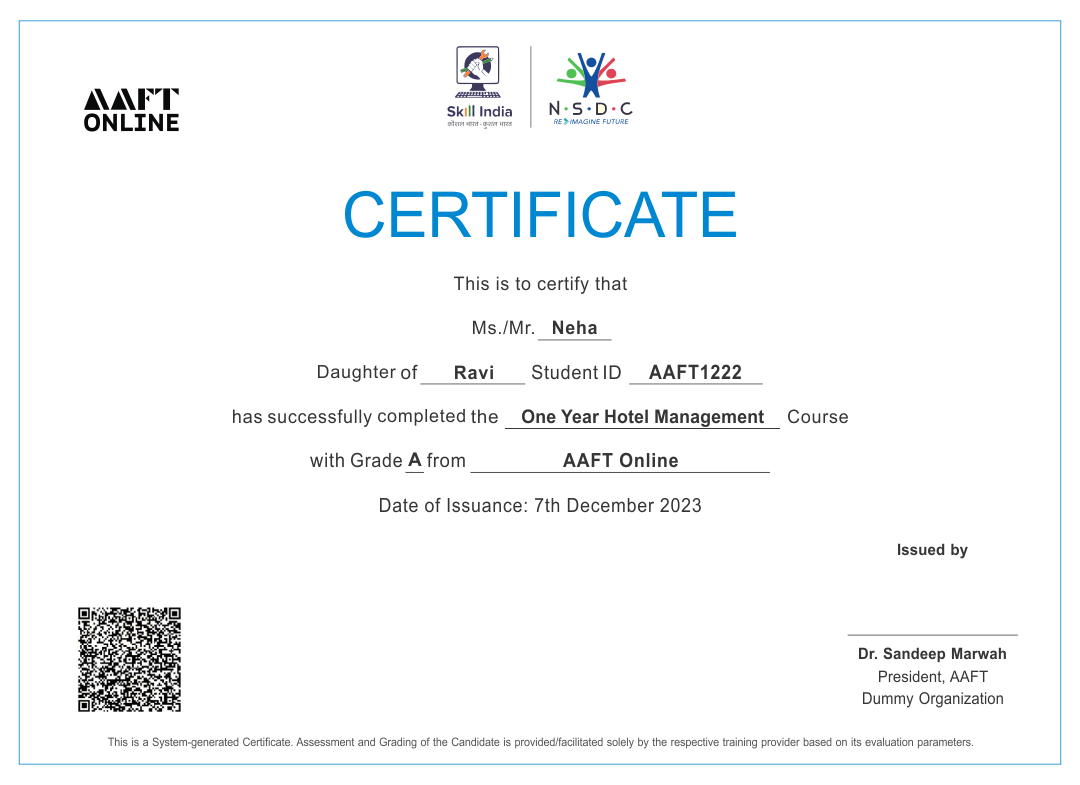 NSDC certificate for advertising pr and corporate communication