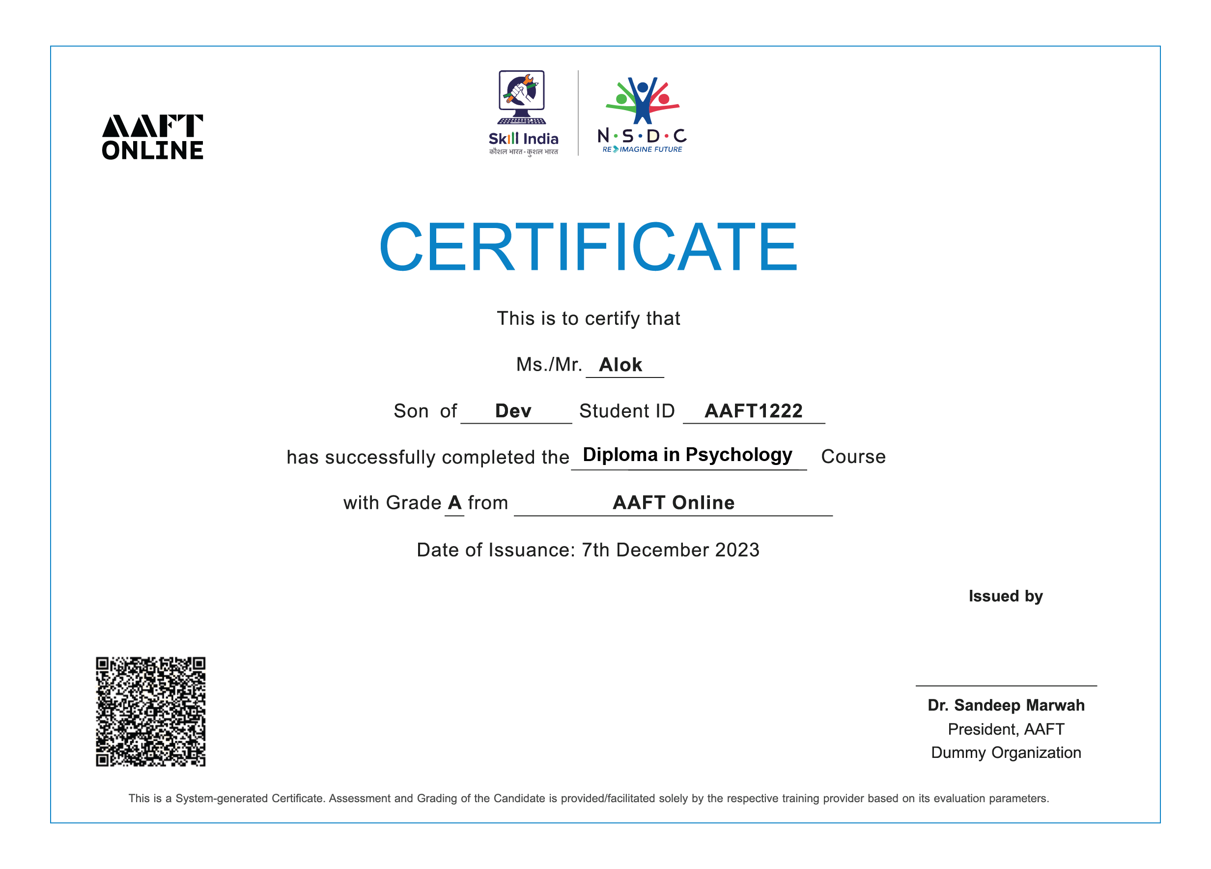 NSDC certificate for advertising pr and corporate communication