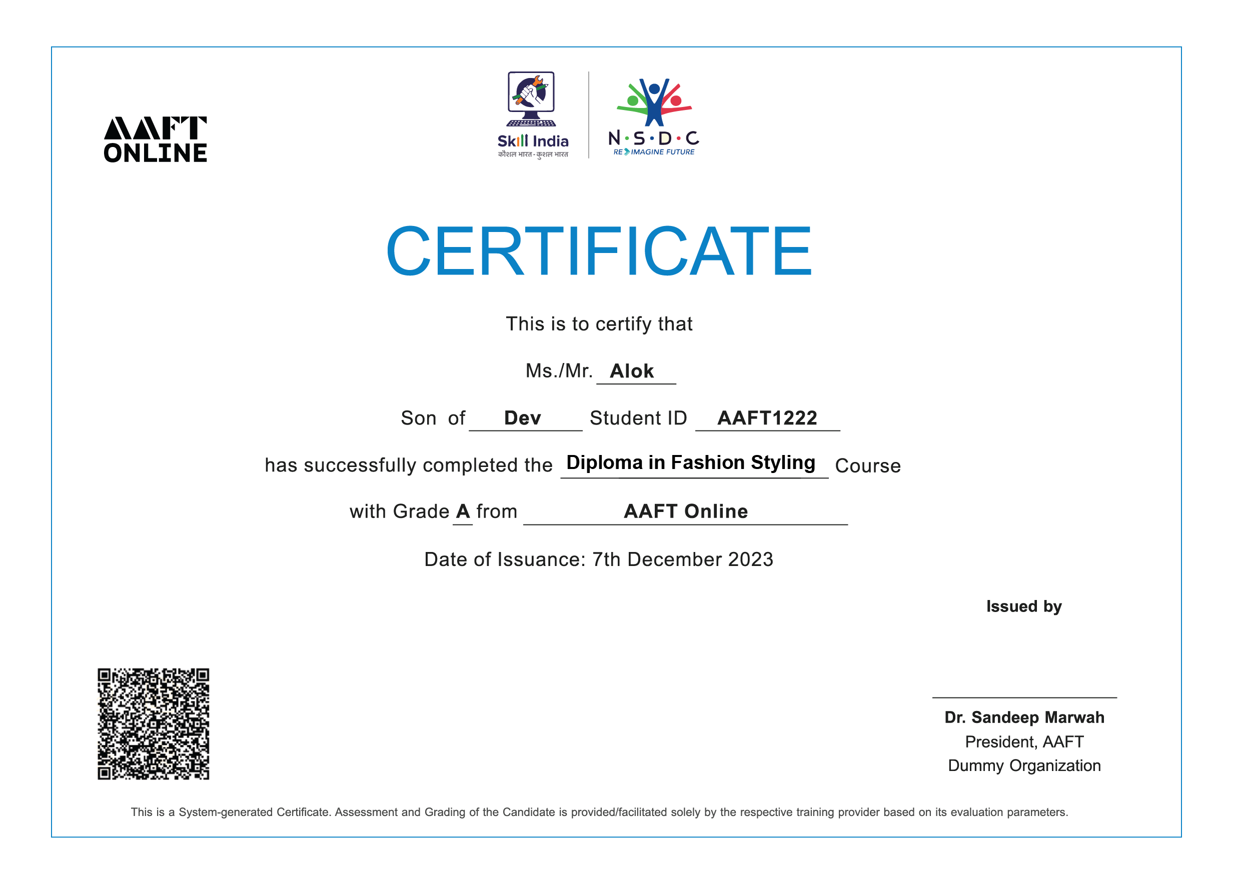 NSDC certificate for fashion styling