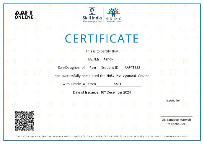 NSDC certificate for hotel management